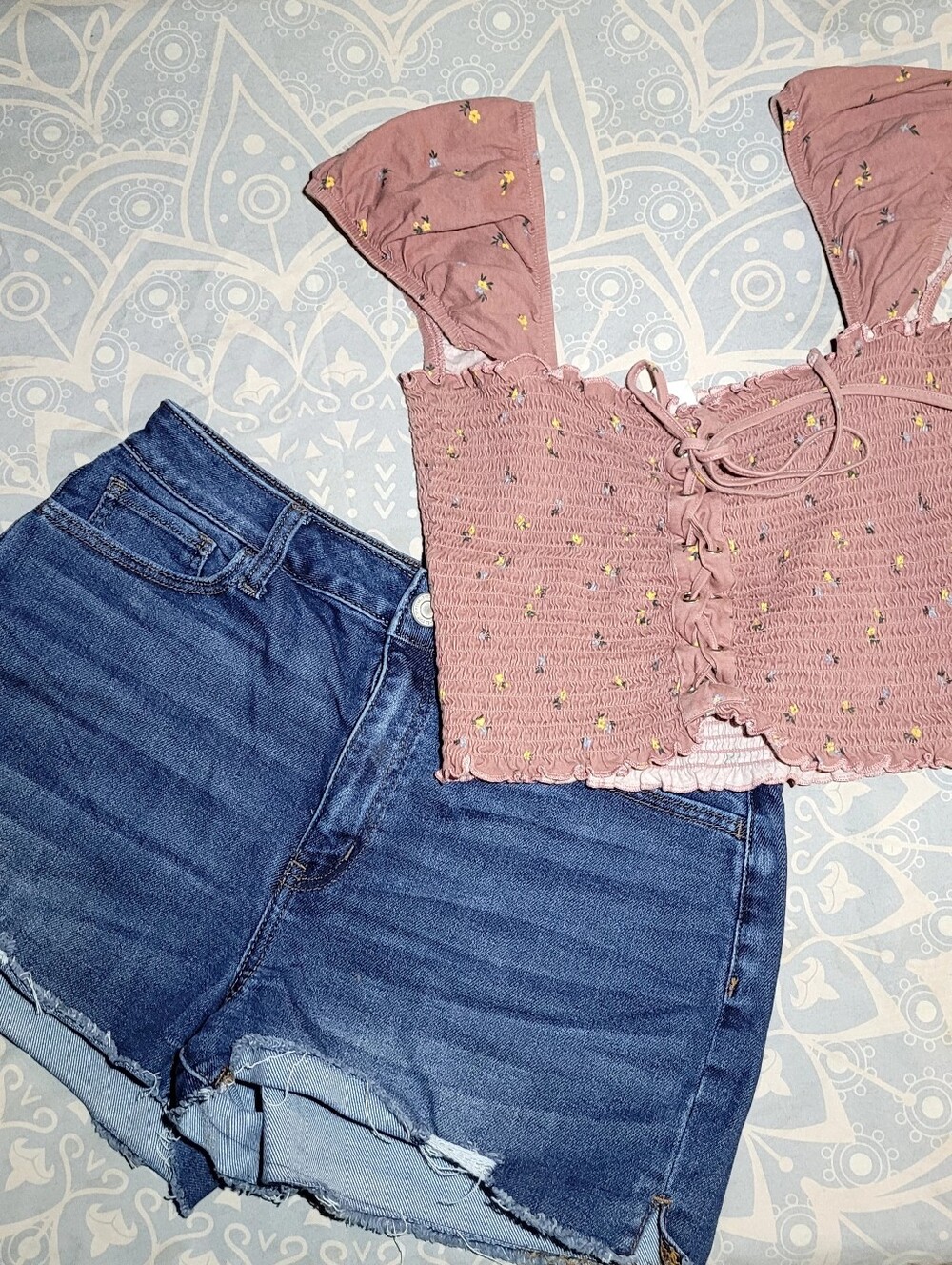 Summer Outfit Bundle: Dusty Rose Smocked Crop Top & High Waist Denim Shorts